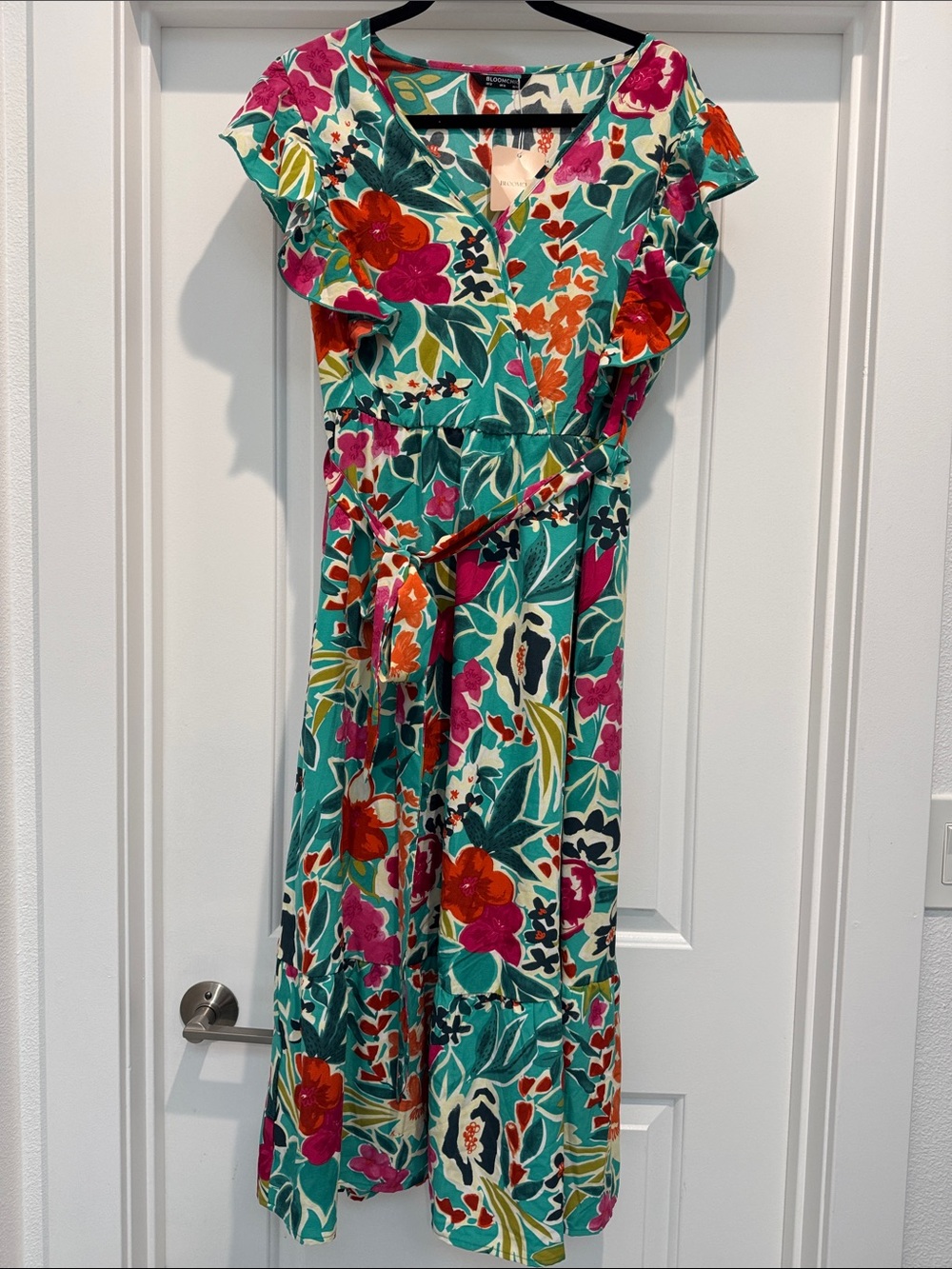 BloomChic Teal Multicolor Floral V-Neck Maxi Dress - Picture 1 of 5